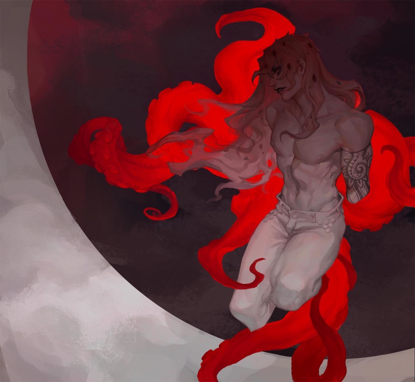 1boy, abs, arm_tattoo, chinese_commentary, closed_mouth, collarbone, commentary_request, cropped_legs, diavolo, eyeshadow, groin, highres, jojo_no_kimyou_na_bouken, lipstick, long_hair, looking_down, looking_to_the_side, makeup, male_focus, navel, no_nipples, pants, pectorals, topless_male, solo, stomach, tattoo, tentacles, toned, toned_male, vento_aureo, xxr19911227