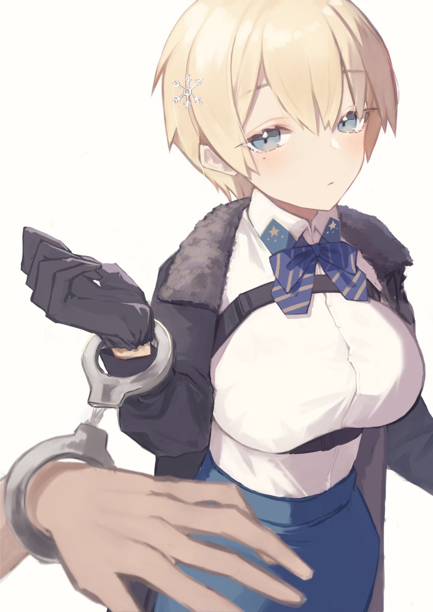 1girl, 1other, bad_id, bad_twitter_id, blonde_hair, blue_eyes, blue_neckwear, blue_skirt