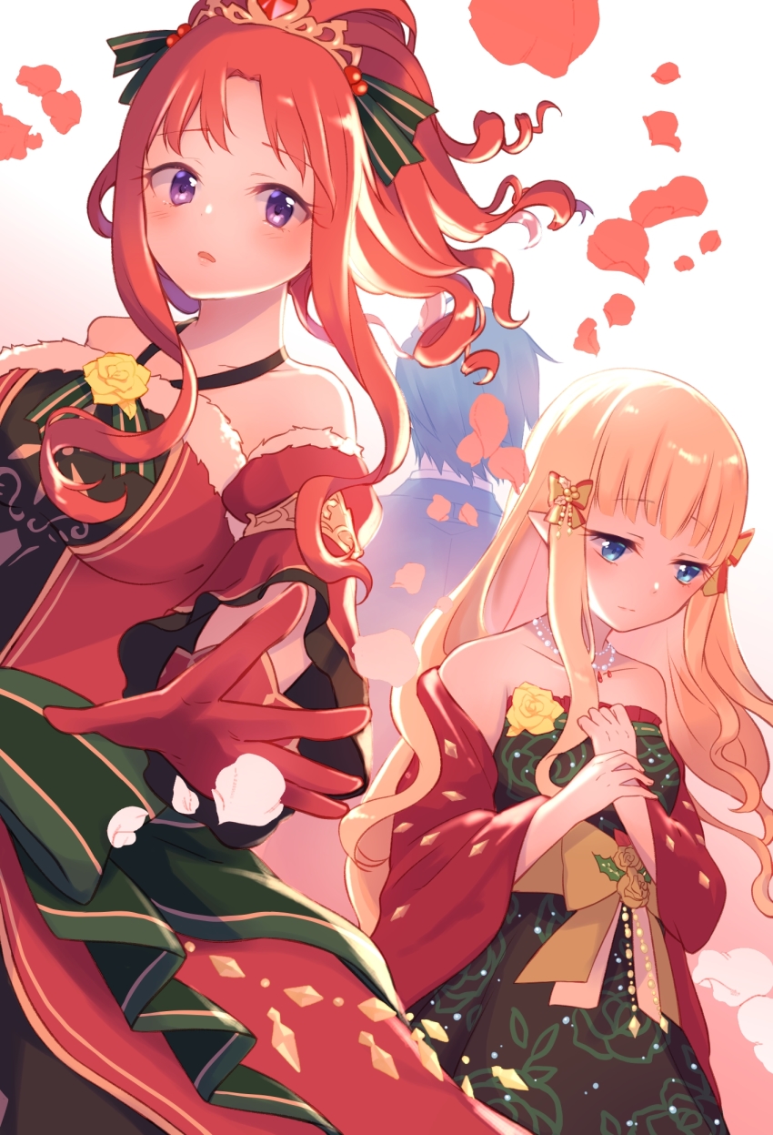 1boy, 2girls, akino_(christmas)_(princess_connect!), akino_(princess_connect!), bare_shoulders, blonde_hair, blue_eyes, blush