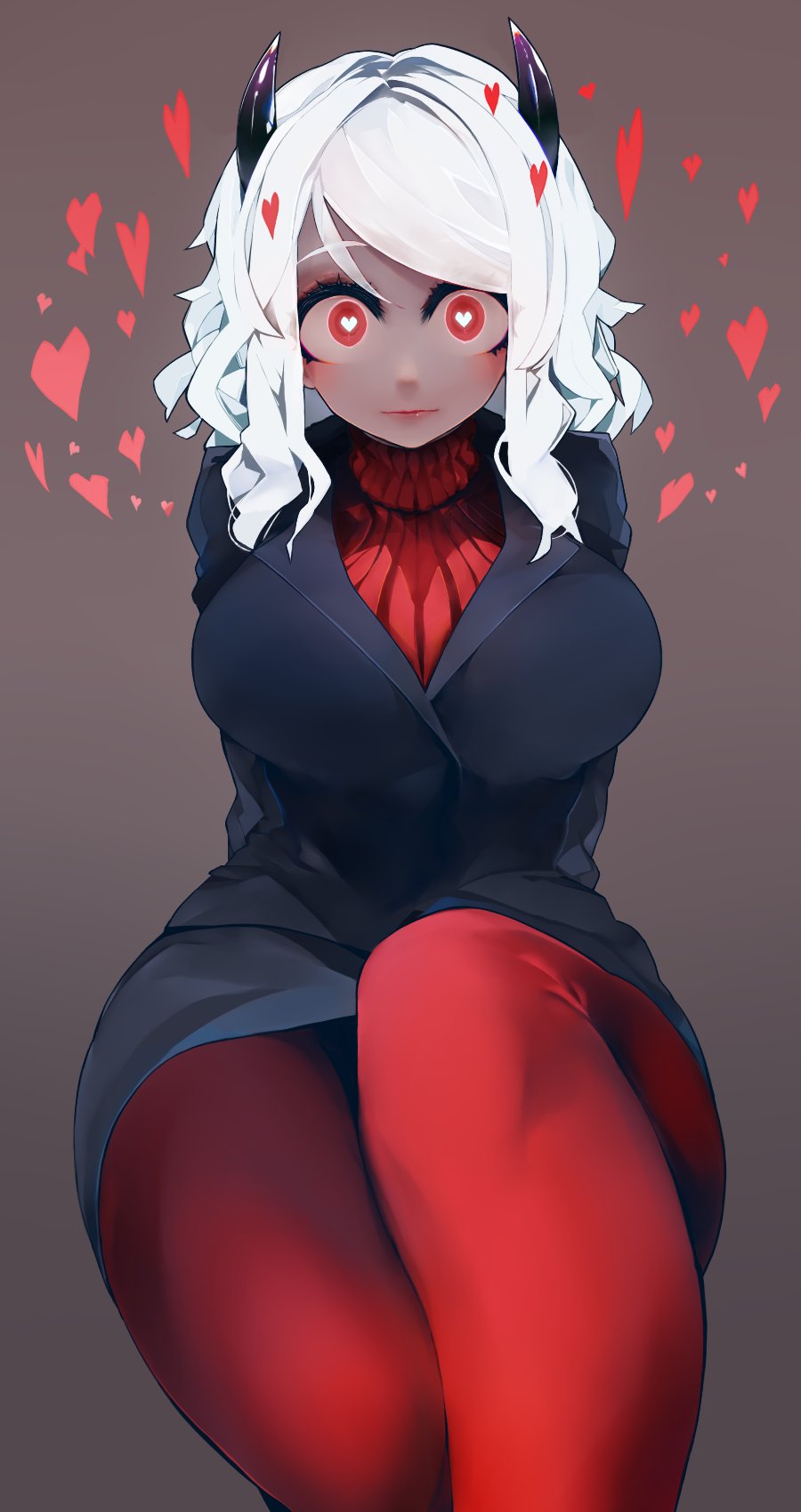 1girl, arms_behind_back, black_horns, black_jacket, black_skirt, black_tail, blazer, breasts