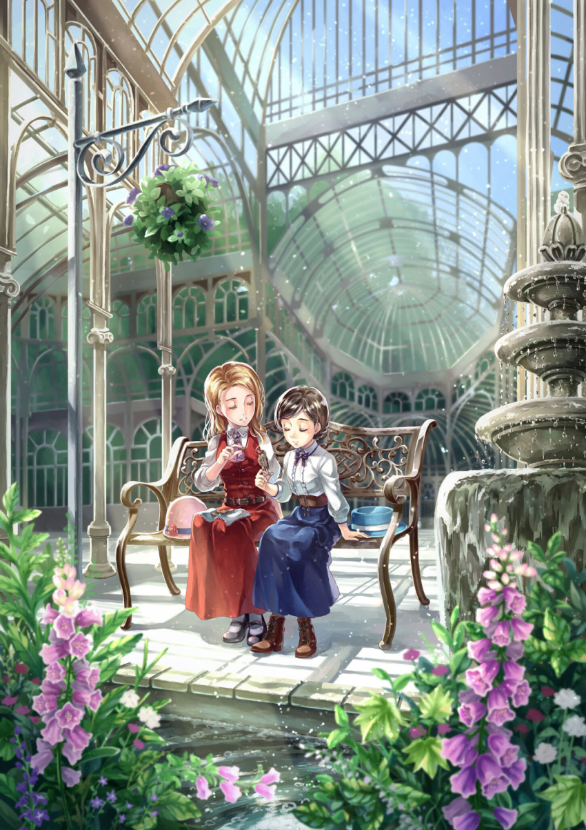 2girls, bad_id, bad_pixiv_id, belt, bench, bird, bird_on_hand, black_footwear, blonde_hair, blouse, blue_headwear, boots, bow, bowtie, brown_belt, brown_footwear, brown_hair, bush, buttons, closed_eyes, collared_shirt, commentary, day, dome, dress, english_commentary, feeding, flower, fountain, full_body, glass, greenhouse, handkerchief, hanging_plant, hat, unworn_headwear, highres, indoors, long_dress, long_sleeves, mary_janes, medium_hair, multiple_girls, necktie, original, pink_flower, pink_headwear, plant, purple_bow, rainycity, red_dress, scenery, shirt, shoes, short_hair, sitting, sleeveless, sleeveless_dress, starling, swept_bangs, water, white_flower, white_legwear, white_shirt