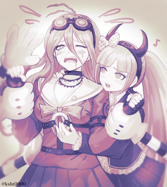 2girls, ahoge, bad_id, bad_twitter_id, barbed_wire, blonde_hair, bow, breasts, choker, cleavage, commentary_request, danganronpa_(series), danganronpa_another_episode:_ultra_despair_girls, danganronpa_v3:_killing_harmony, dress, fake_horns, fingerless_gloves, flying_sweatdrops, gloves, goggles, goggles_on_head, hair_between_eyes, hair_bow, hair_ornament, hajime_(gitoriokawaii), holding_another's_wrist, horns, iruma_miu, large_breasts, long_hair, long_sleeves, looking_at_another, machine, multiple_girls, musical_note, o-ring, one_eye_closed, open_mouth, polka_dot, polka_dot_bow, school_uniform, serafuku, skirt, twintails, twitter_username, utsugi_kotoko