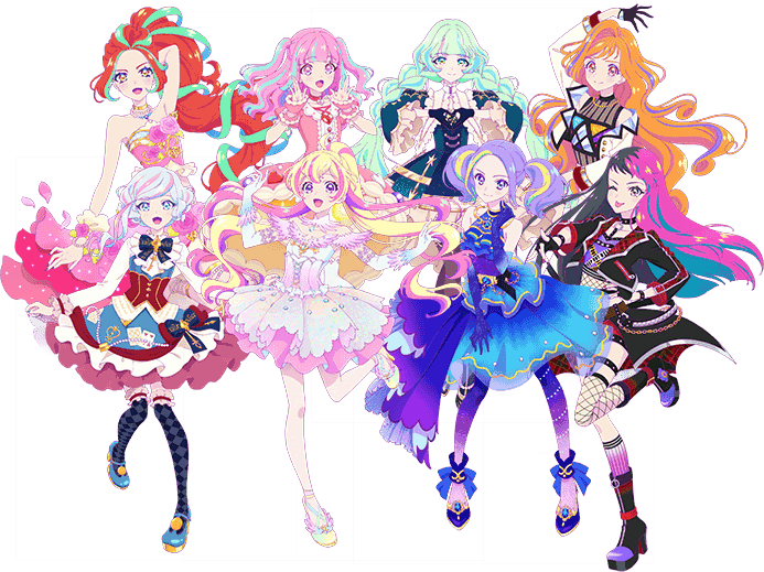 6+girls, aikatsu!_(series), aikatsu_planet!, ann_(aikatsu!), beat_(aikatsu_planet!), blonde_hair, dress, hana_(aikatsu_planet!), hinata_meisa, itoi_sala, kurimu_ann, motoya_shiori, multicolored_dress, multicolored_hair, multiple_girls, official_art, orange_hair, otoha_mao, pink_hair, ponytail, q-pit, rose_(aikatsu_planet!), ruli_(aikatsu_planet!), sala_(aikatsu_planet!), shiori_(aikatsu_planet!), simple_background, tamaki_ruli, tsukishiro_ayumi, twintails, umekouji_kyouko, white_background