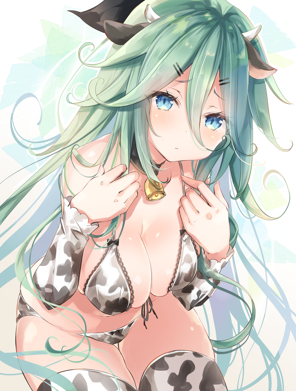 1girl, alternate_costume, animal_ears, animal_print, bell, bikini, black_ribbon, breasts