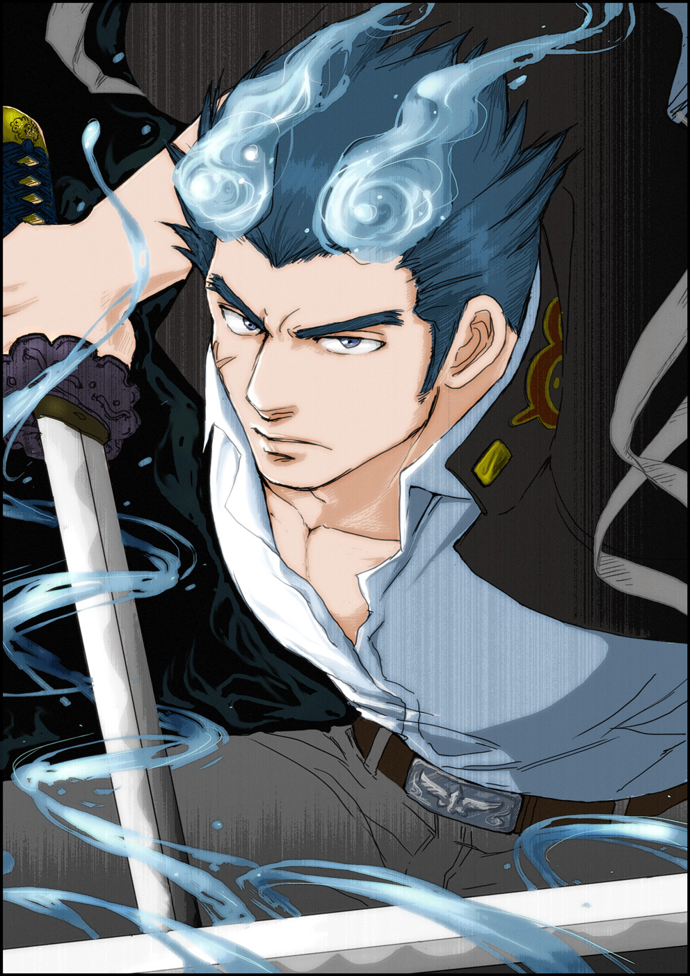 1boy, bara, blue_hair, blush, dark_blue_hair, facial_scar, fiery_hair, fiery_horns, fighting_stance, gakuran, highres, holding, holding_sword, holding_weapon, horns, katana, male_focus, pants, partially_unbuttoned, pectoral_cleavage, pectorals, sakimori_toji, scar, scar_on_cheek, scar_on_face, school_uniform, short_hair, solo, sword, tokyo_houkago_summoners, toned, toned_male, weapon, yon_yon_(shikawafu)
