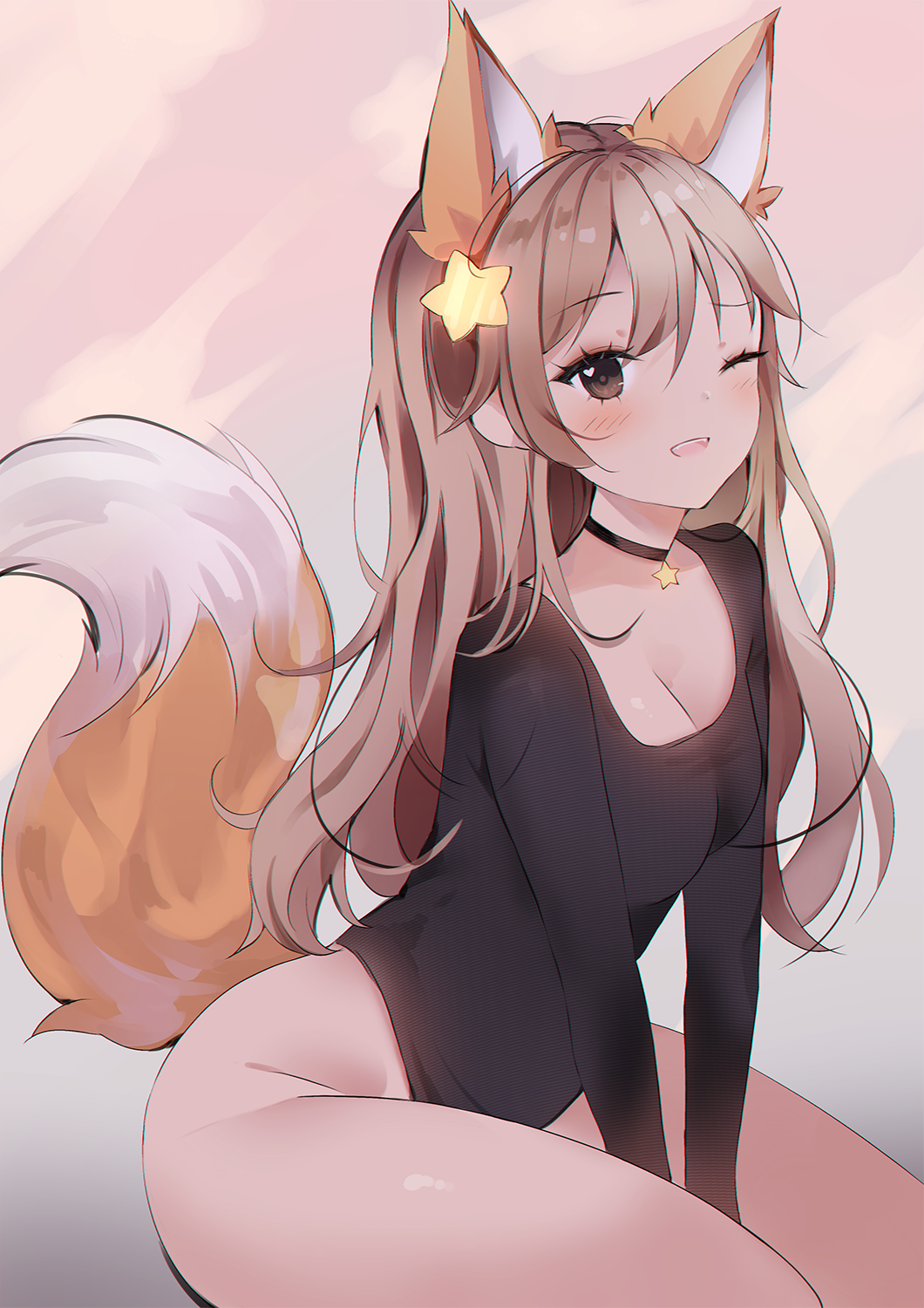 1girl, ;d, animal_ears, annytf, anyuu, between_legs, black_shirt, blonde_hair