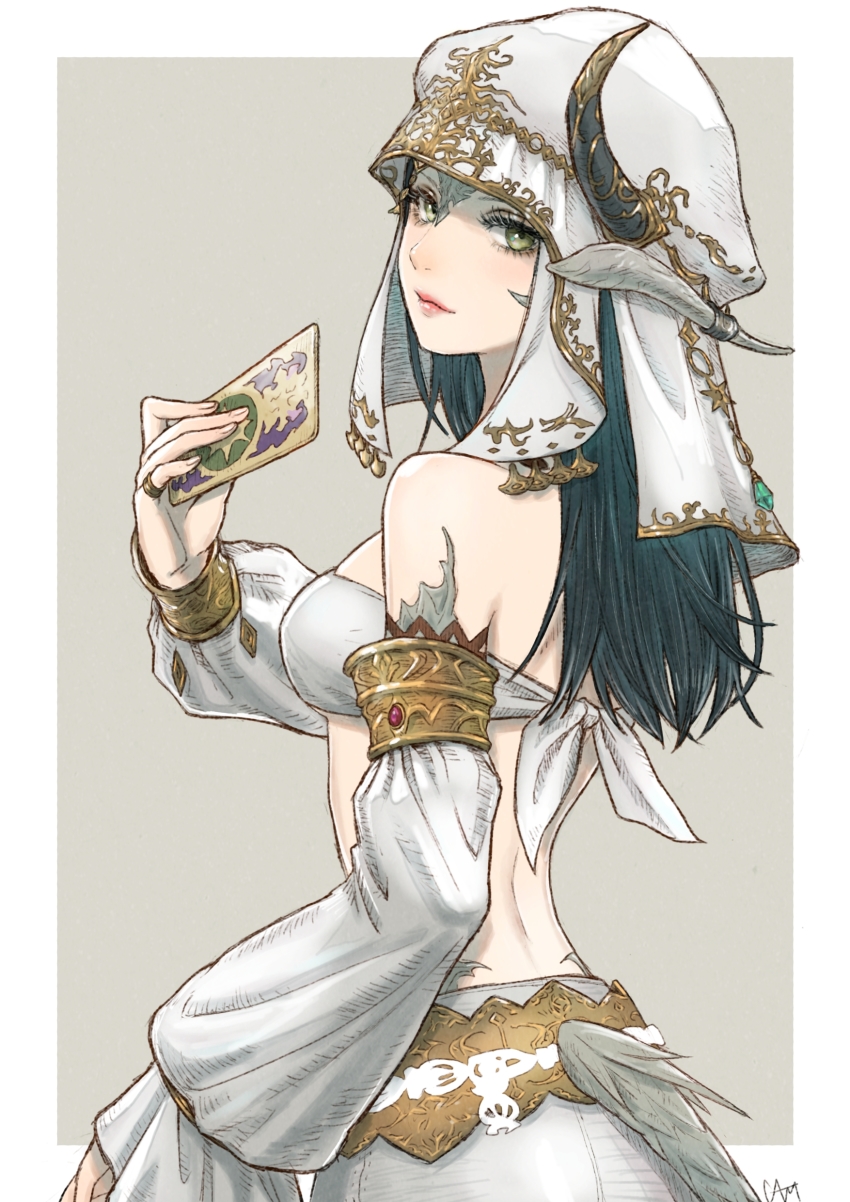 1girl, absurdres, astrologian_(final_fantasy), au_ra, bare_shoulders, black_hair, breasts, cam_(cammero95713700)