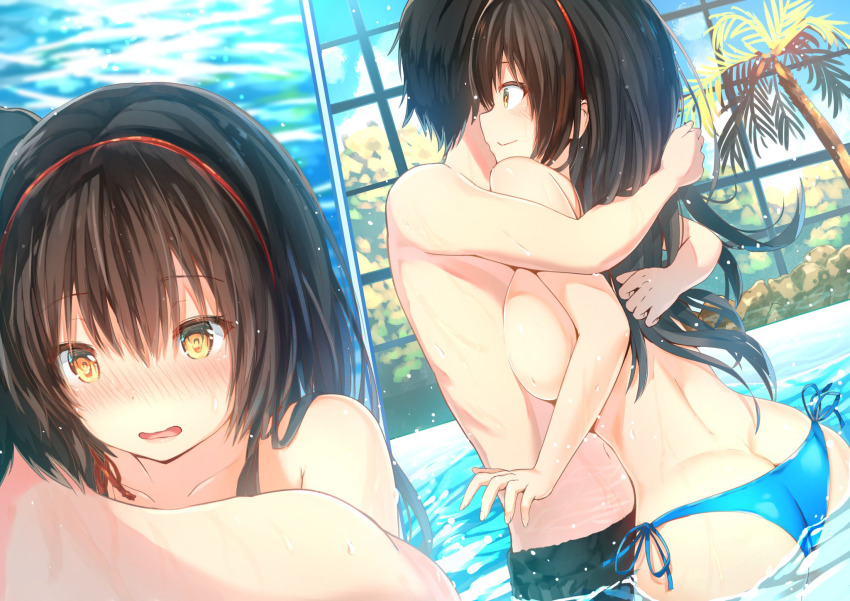 1boy, 1girl, ass, bikini, bikini_bottom_only, black_hair, blue_bikini, blush