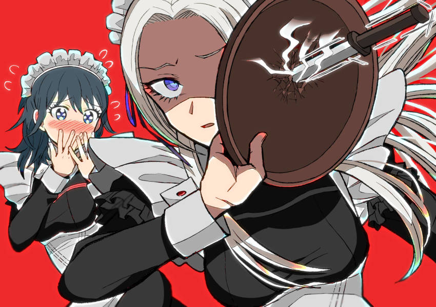 2girls, alternate_costume, angry, apron, blue_hair, blush, female_byleth_(fire_emblem), dress