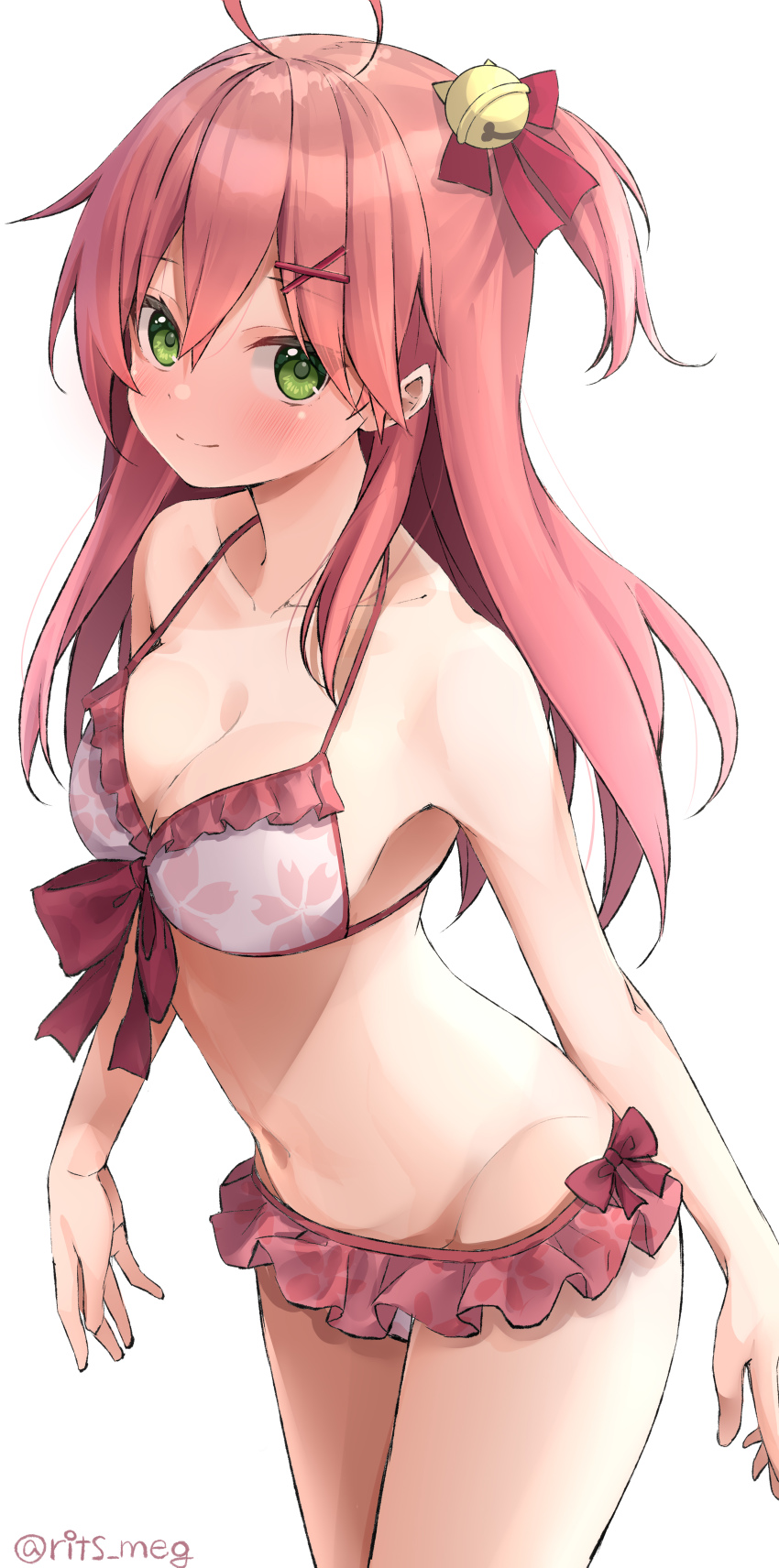 1girl, absurdres, ahoge, alternate_costume, bare_shoulders, bell, bikini, blush
