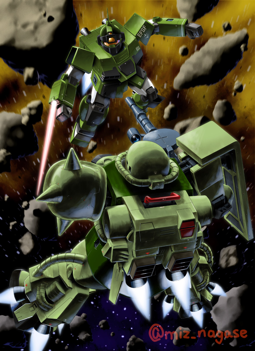 1980s_(style), energy_sword, clenched_hand, fighting, from_behind, gm_sniper_custom, gun, gundam