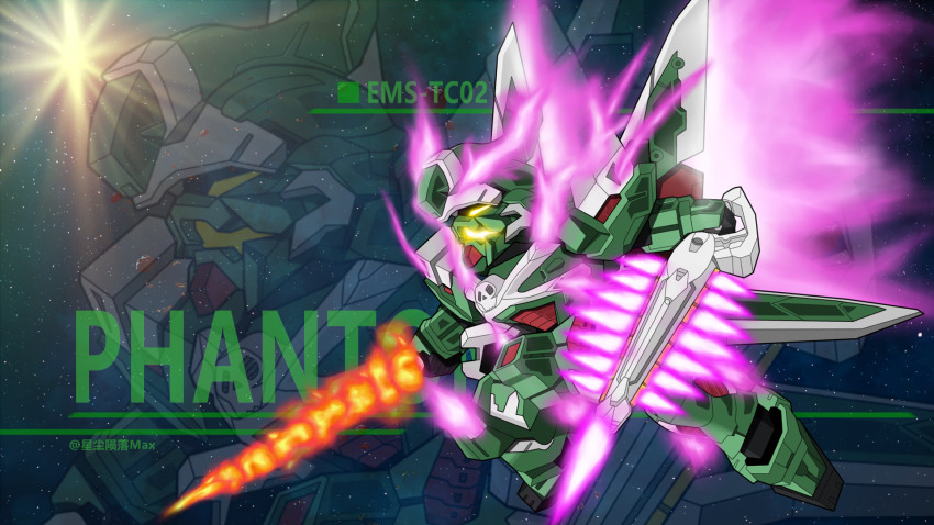 artist_name, energy_sword, character_name, chibi, chinese_commentary, crossbone_gundam, crossbone_gundam_ghost, dual_wielding