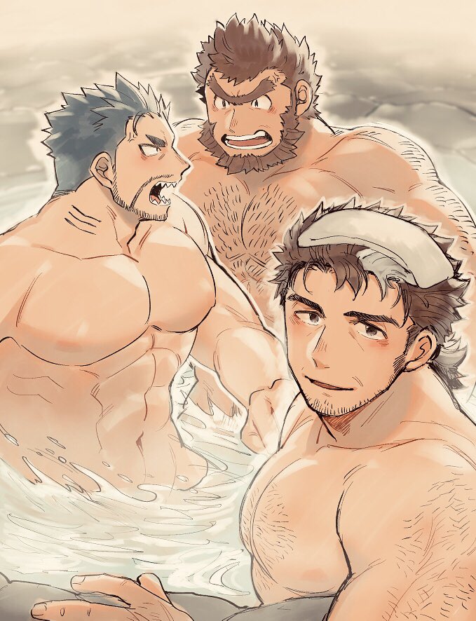 3boys, abs, arm_hair, bara, beard, blue_hair, blush, brown_hair