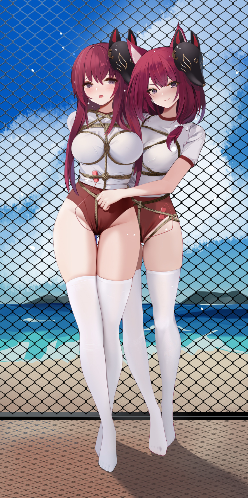 2girls, absurdres, animal_ear_fluff, animal_ears, arms_behind_back, azur_lane, bdsm, bondage, bound, bound_arms, bound_wrists, buruma, chitose_(azur_lane), chiyoda_(azur_lane), crotch_rope, feet, fox_ears, fox_girl, fox_mask, gym_uniform, highres, japanese_clothes, long_hair, looking_at_viewer, mask, mask_on_head, miko, multiple_girls, no_shoes, panties, red_hair, restrained, sex_toy, shibari, thighhighs, underwear, vibrator, vibrator_under_clothes, vibrator_under_panties, white_legwear, yuuraku_yuraku