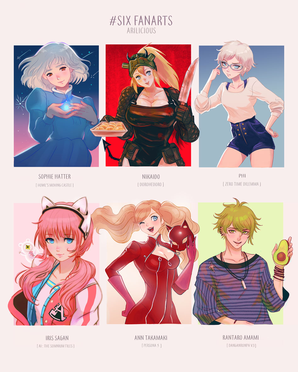 1boy, ai_the_somnium_files, amami_rantaro, animal_ears, avocado, blonde_hair, blue_dress, blue_eyes, bodysuit, breasts, cat_ears, cleavage, collarbone, danganronpa_(series), danganronpa_v3:_killing_harmony, dorohedoro, dress, ear_piercing, fake_animal_ears, glasses, green_hair, hand_up, headphones, holding, howl's_moving_castle_(novel), howl_no_ugoku_shiro, jewelry, juliet_sleeves, kyokugen_dasshutsu, large_breasts, long_hair, long_sleeves, looking_at_viewer, low_twintails, mask, medium_breasts, missarilicious, multiple_drawing_challenge, multiple_girls, necklace, nikaidou_(dorohedoro), panther_(persona_5), persona, persona_5, phi_(kyokugen_dasshutsu), piercing, pink_hair, puffy_sleeves, red_bodysuit, sagan_iris, shirt, short_hair, six_fanarts_challenge, sophie_hatter_(howl_no_ugoku_shiro), striped_clothes, striped_shirt, takamaki_anne, three-quarter_sleeves, twintails, white_background, zero_escape:_toki_no_dilemma