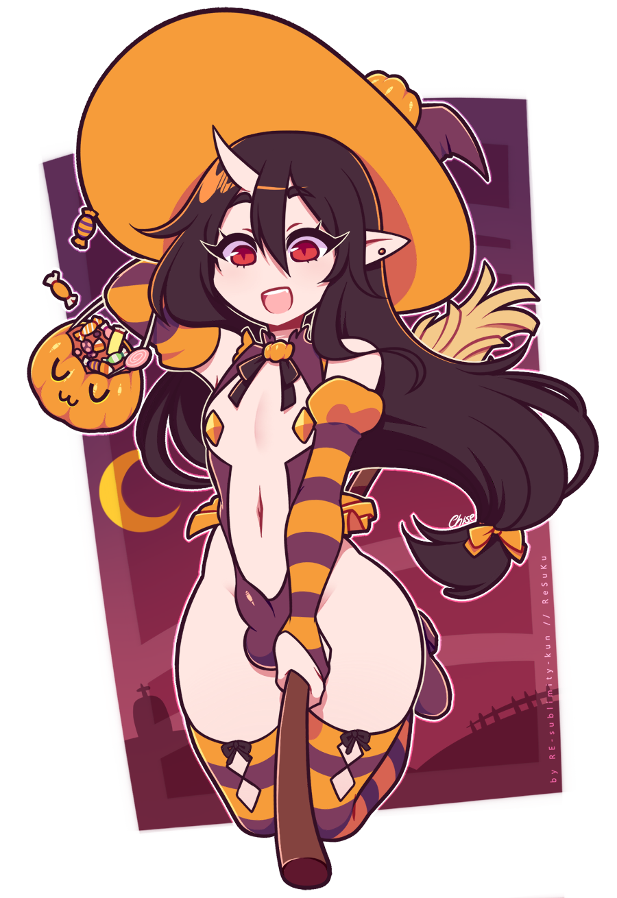 1boy, black_hair, broom, bulge, crossdressing, crossdressing_(mtf), earrings, halloween, hat, highres, horns, jewelry, long_hair, male_focus, open_mouth, original, pasties, pointy_ears, pumpkin, re-sublimity-kun, red_eyes, solo, striped_clothes, striped_thighhighs, thighhighs, trap, witch_hat