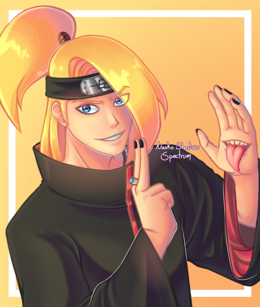 1boy, akatsuki_(naruto), akatsuki_uniform, alternate_hairstyle, blonde_hair, blue_eyes, deidara_(naruto), hair_over_one_eye