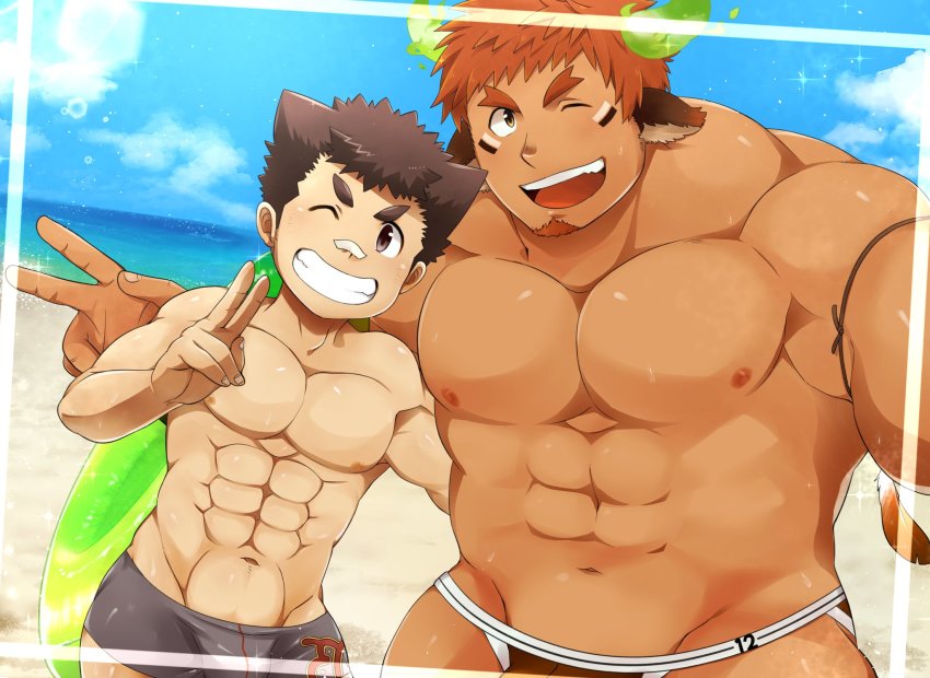 2boys, animal_ears, bara, bare_pectorals, beach, black_male_swimwear, black_swim_briefs, blush