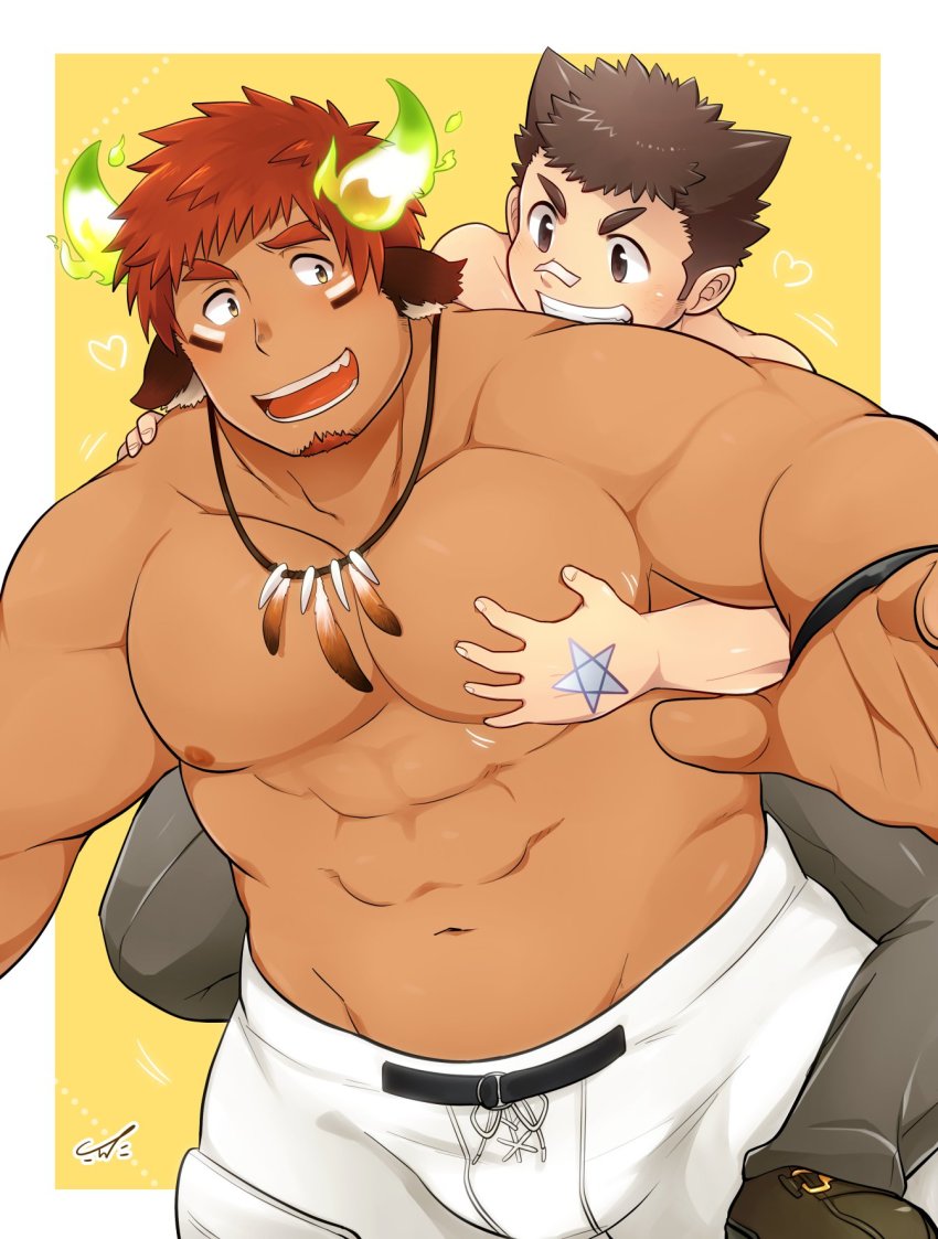 2boys, american_football_uniform, animal_ears, bandaid, bandaid_on_face, bandaid_on_nose, bara, bare_pectorals