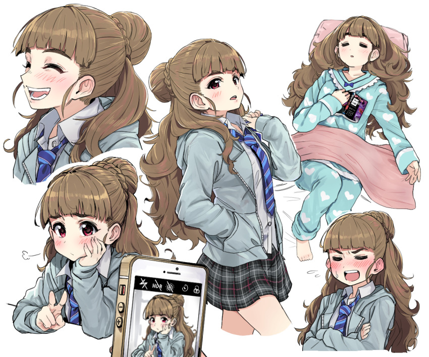 1girl, barefoot, blunt_bangs, blush, book, braid, braided_bun, brown_hair