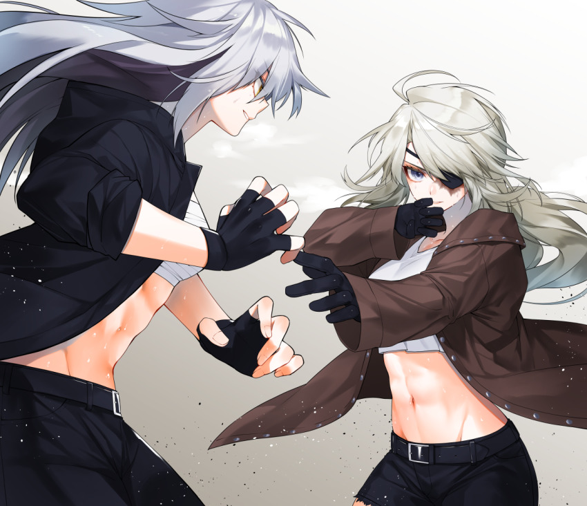 2girls, abs, bandages, belt, black_gloves, blue_eyes, breasts, commentary_request