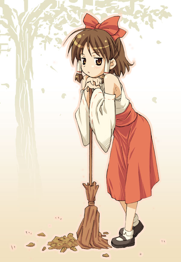 1girl, bow, broom, brown_eyes, brown_hair, detached_sleeves, female_focus, full_body