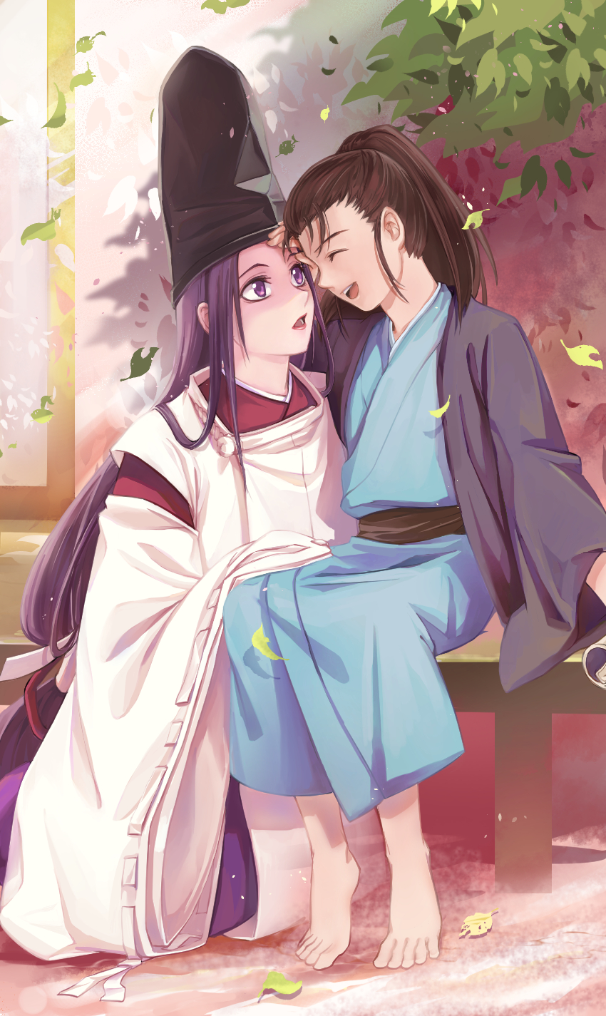 2boys, :d, antatica11, barefoot, bishounen, blue_kimono, brown_hair, closed_eyes