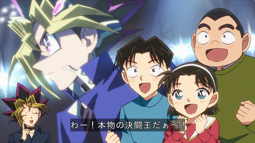 1girl, 4boys, :d, ^_^, anime_coloring, black_choker, black_eyes, black_hair