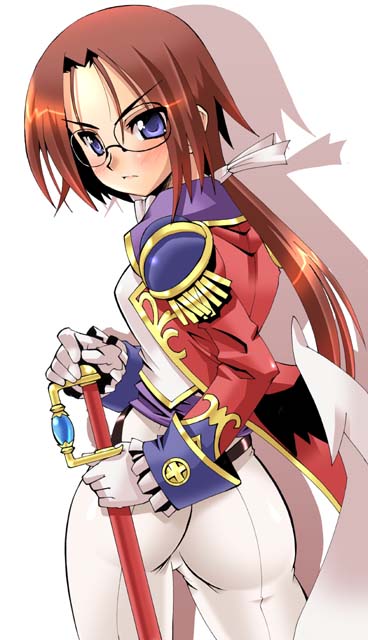 1girl, andil, andil_(shinrabanshou), ass, blue_eyes, brown_hair, female_focus, from_behind, glasses, gloves, long_hair, looking_back, ponytail, shadow, shinozuka_atsuto, shinrabanshou, solo, sword, weapon