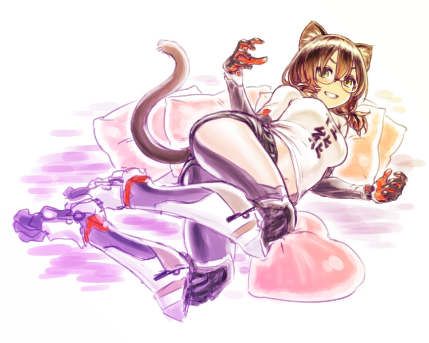 1girl, android, animal_ears, black_shorts, blush, breasts, brown_hair, cat_ears