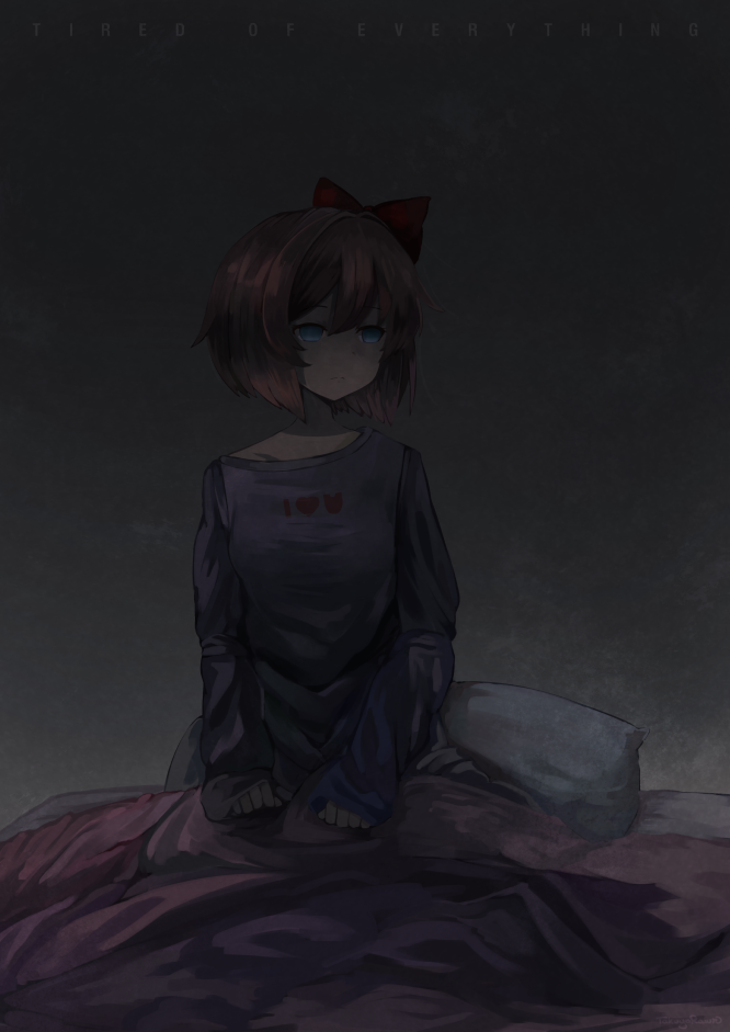 1girl, blue_eyes, blue_shirt, bow, clothes_writing, commentary, dark, depressed