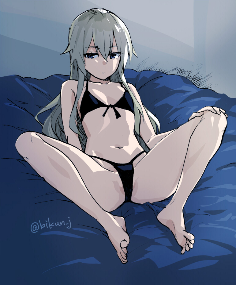 1girl, bed, bikini, black_bikini, blonde_hair, flat_chest, front-tie_top, fugu_custom, full_body, grey_eyes, kantai_collection, long_hair, looking_at_viewer, m_legs, navel, shimakaze_(kancolle), sitting, solo, spread_legs, swimsuit, twitter_username