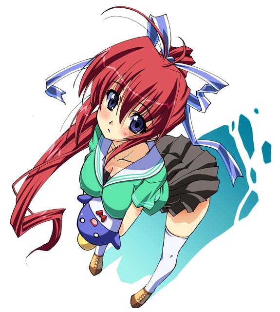 00s, 1girl, ahoge, aquaplus, bent_over, bird, blue_eyes, blush, breasts, comic_party, female_focus, gradient_background, hair_ribbon, indoors, long_hair, penguin, red_hair, ribbon, school_uniform, serafuku, shinozuka_atsuto, skirt, solo, stuffed_animal, stuffed_toy, takase_mizuki, thighhighs, white_thighhighs, yoshio_(leaf), zettai_ryouiki