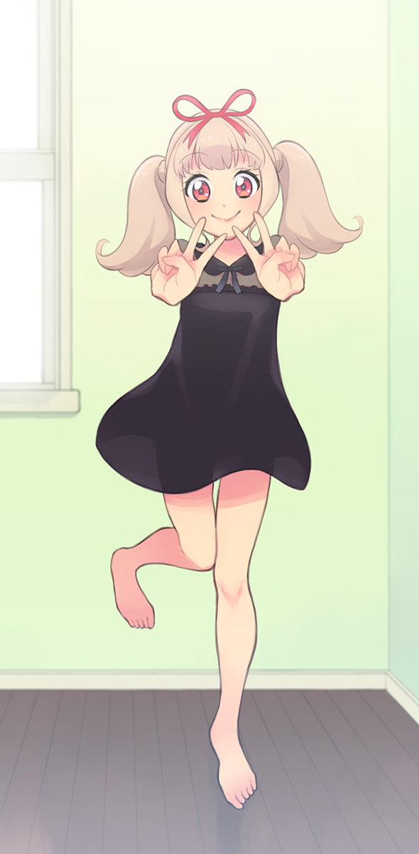 1girl, :>, aikatsu!_(series), aikatsu_on_parade!, bare_legs, bare_shoulders, barefoot, black_dress