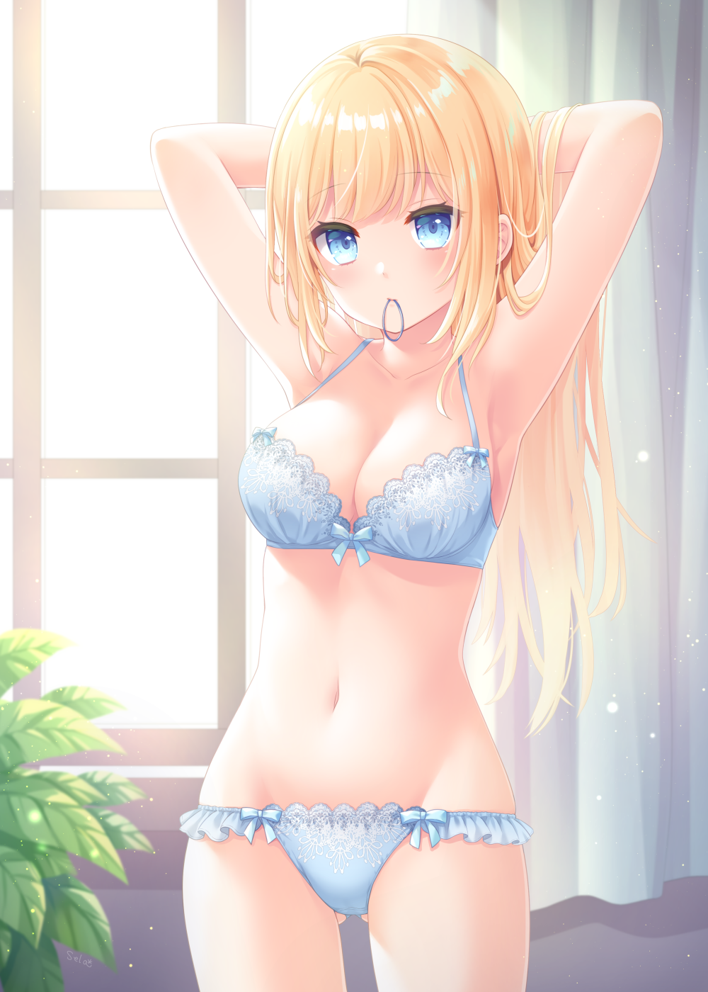 1girl, armpits, arms_behind_head, arms_up, blonde_hair, bloom, blue_bra, blue_eyes, blue_panties, blush, bow, bow_bra, bow_panties, bra, breasts, collarbone, cowboy_shot, curtains, frilled_panties, frills, gluteal_fold, hair_tie, hair_tie_in_mouth, highres, indoors, lace, lace-trimmed_bra, lace-trimmed_panties, lace_trim, light_particles, long_hair, looking_at_viewer, medium_breasts, morning, mouth_hold, navel, original, panties, plant, solo, standing, stardrop, sunlight, tying_hair, underwear, underwear_only, window