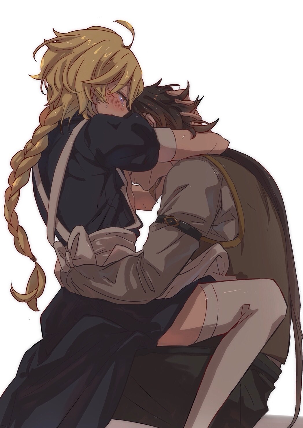 2boys, aether_(genshin_impact), ahoge, alternate_costume, apron, black_dress, black_hair, blonde_hair, blush, braid, braided_ponytail, brown_hair, brown_vest, crossdressing, crossdressing_(mtf), dress, enmaided, genshin_impact, gradient_hair, highres, hinata0313, long_hair, long_sleeves, maid, male_focus, male_maid, multicolored_hair, multiple_boys, pants, ponytail, purple_eyes, simple_background, single_braid, sweat, thighhighs, vest, white_apron, white_background, white_legwear, yaoi, zhongli_(genshin_impact)