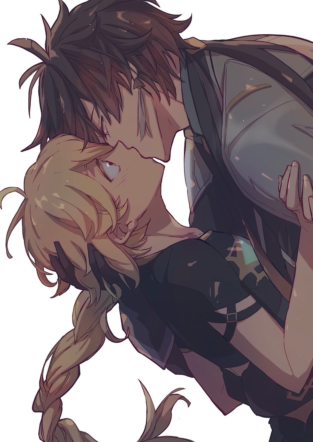 2boys, aether_(genshin_impact), antenna_hair, black_gloves, black_hair, blonde_hair, brown_hair, earrings, from_side, genshin_impact, gloves, gradient_hair, highres, hinata0313, jacket, jewelry, kiss, long_hair, long_sleeves, male_focus, multicolored_hair, multiple_boys, ponytail, profile, short_sleeves, simple_background, single_earring, upper_body, white_background, yaoi, yellow_eyes, zhongli_(genshin_impact)