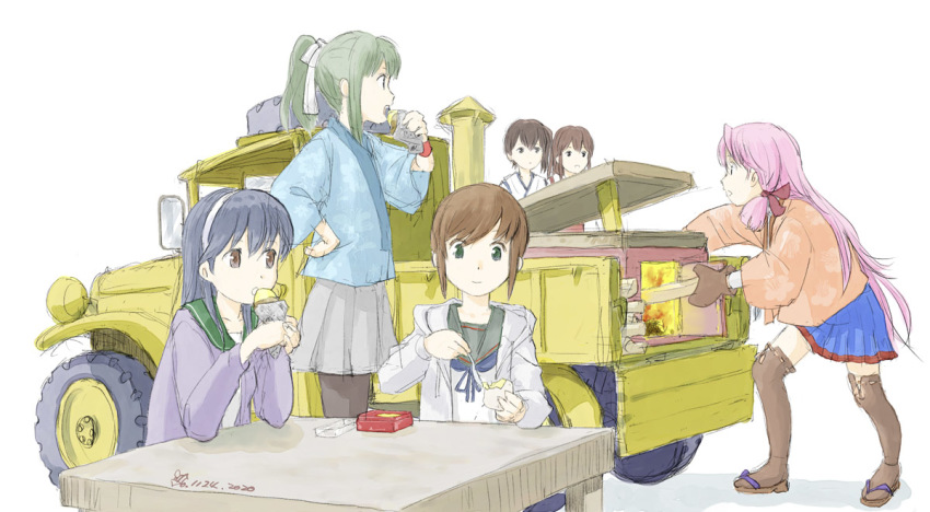 6+girls, akagi_(kancolle), akashi_(kancolle), black_legwear, blue_hair, brown_hair, dated, eating