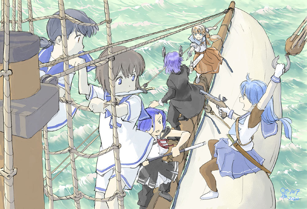 6+girls, alternate_costume, black_hair, black_legwear, black_pants, blue_hair, blue_skirt, brown_hair, climbing, daitou_(kancolle), dated, day, dress, gun, headgear, hiburi_(kancolle), holding, holding_weapon, honda_yoshinobu, jacket, kantai_collection, knife, long_hair, low_twintails, mikura_(kancolle), mouth_hold, multiple_girls, musket, open_mouth, outdoors, pants, pantyhose, red_skirt, rope, sado_(kancolle), sailor_collar, sailor_dress, school_uniform, serafuku, sheath, sheathed, short_hair, signature, skirt, tatsuta_(kancolle), tenryuu_(kancolle), twintails, water, watercraft, weapon