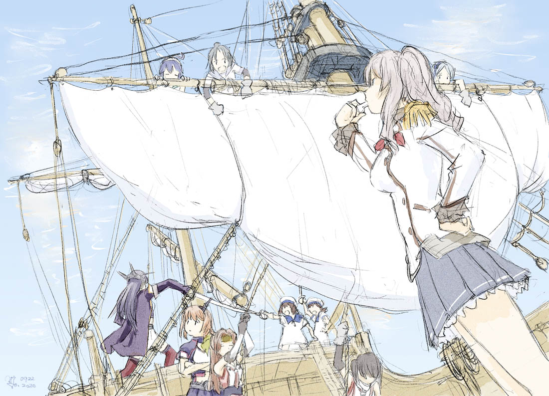 6+girls, ahoge, amagiri_(kancolle), black_hair, blue_hair, breasts, brown_hair, cape, daitou_(kancolle), dated, dress, epaulettes, from_below, hairband, hand_on_own_hip, headband, headgear, hiburi_(kancolle), holding, holding_sword, holding_weapon, honda_yoshinobu, jintsuu_(kancolle), kantai_collection, kashima_(kancolle), long_hair, military, military_uniform, multiple_girls, mutsu_(kancolle), nagato_(kancolle), outdoors, sagiri_(kancolle), sailor_collar, sailor_dress, sendai_(kancolle), short_hair, signature, skirt, sky, sleeveless, sword, twintails, ushio_(kancolle), watercraft, weapon, whistle