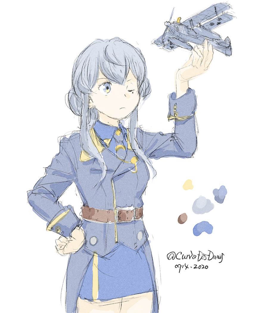 1girl, aircraft, belt, blue_eyes, blue_hair, blue_jacket, blue_skirt, brown_belt