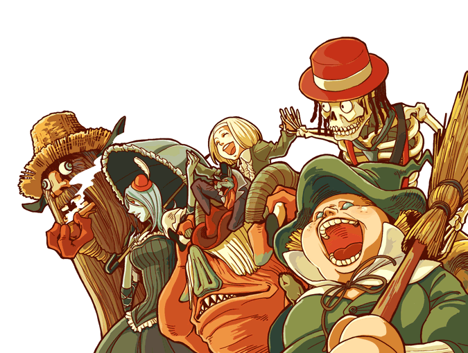 blonde_hair, blue_hair, broom, cecilia_(folkssoul), folkssoul, frizzie, hat, koyahara