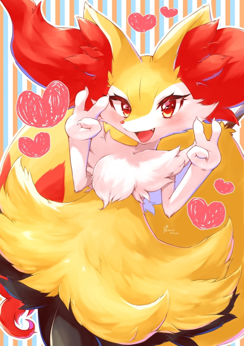1girl, aije, animal_ear_fluff, animal_nose, blush, body_fur, braixen, commentary_request
