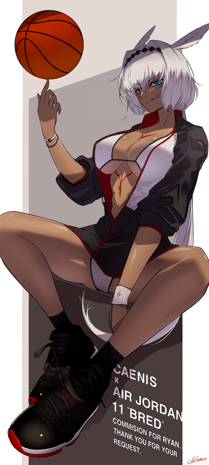 1girl, air_jordan, air_jordan_11, animal_ears, ball, basketball, basketball_(object), bikini, black_jacket, black_shoes, blue_eyes, body_markings, breasts, caenis_(fate), cleavage, collarbone, commission, dark-skinned_female, dark_skin, fate/grand_order, fate_(series), halterneck, highleg, highleg_bikini, highres, jacket, large_breasts, long_hair, long_sleeves, looking_at_viewer, ponytail, shoes, sitting, smile, sneakers, solo, swimsuit, ub1mo, white_bikini, white_hair, wristband