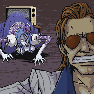 asato_(artist), blue_hair, folkssoul, frizzie, hat, lowres, pale_skin, parody, sunglasses, television, the_ring, wilde