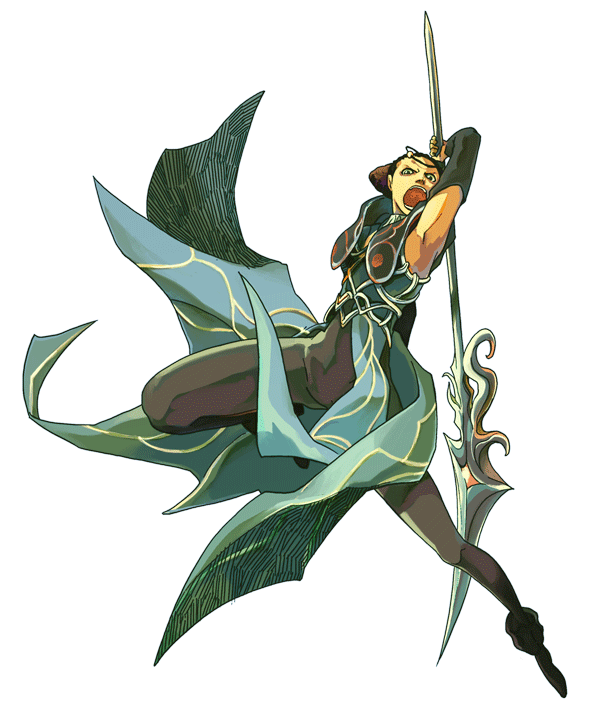 brown_hair, dark_skin, folkssoul, koyahara, livane, polearm, spear, weapon