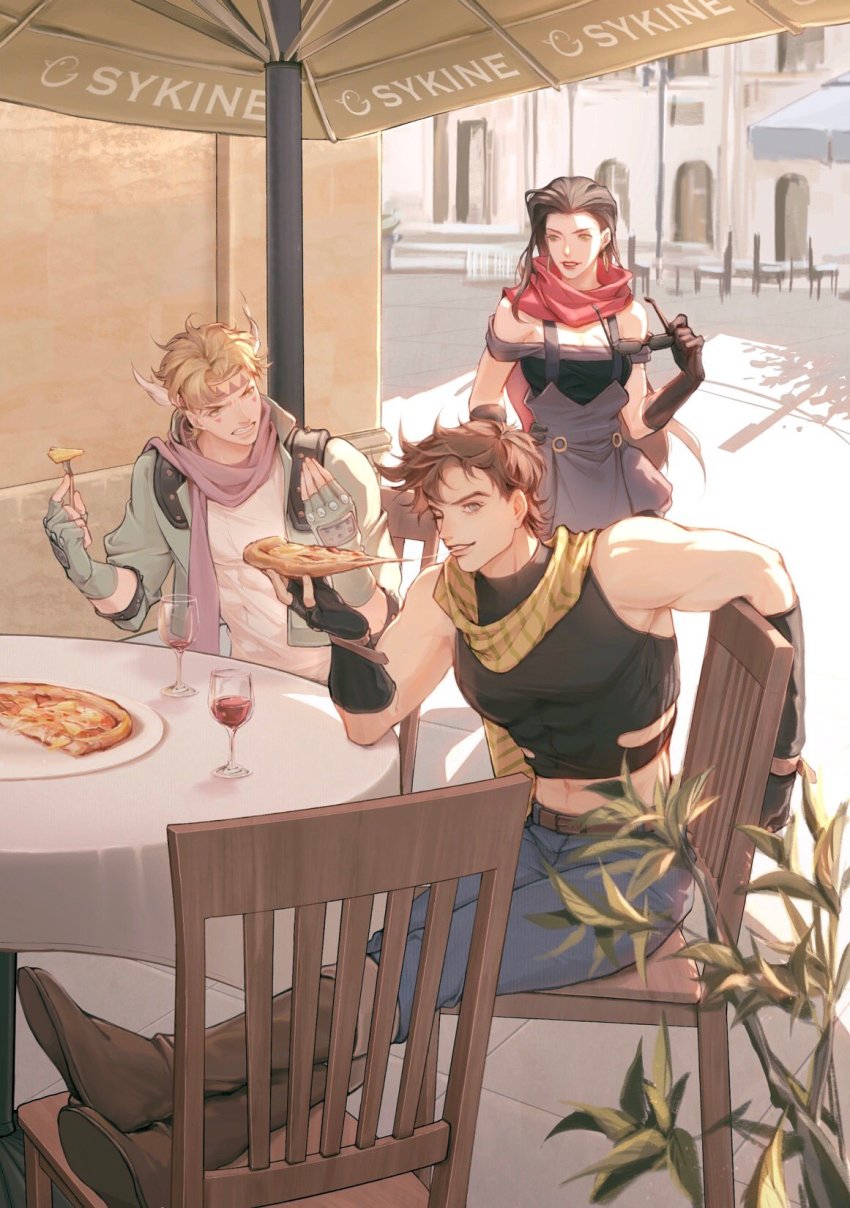 1girl, 2boys, abs, alcohol, artist_name, bare_shoulders, battle_tendency, belt, birthday, black_gloves, blonde_hair, blue_gloves, blue_jacket, boots, brown_belt, brown_hair, caesar_anthonio_zeppeli, chair, chanasykine, cheese, cheese_trail, clenched_teeth, clothing_cutout, commentary, crop_top, crossed_ankles, cup, denim, dress, drink, drinking_glass, earrings, eating, elbow_gloves, elbow_rest, english_commentary, facial_mark, feather_hair_ornament, feathers, fingerless_gloves, food, fork, gloves, grey_eyes, grimace, hair_ornament, hand_on_own_hip, hands_up, hawaiian_pizza, highres, holding, holding_food, holding_pizza, holding_removed_eyewear, jacket, jeans, jewelry, jojo_no_kimyou_na_bouken, joseph_joestar, joseph_joestar_(young), knee_boots, lipstick, lisa_lisa, long_hair, looking_at_another, makeup, midriff, multiple_boys, navel, off-shoulder_dress, off_shoulder, one_eye_closed, outdoors, pants, pineapple_on_pizza, pink_scarf, pizza, pizza_slice, plant, red_lips, red_scarf, scarf, short_hair, sitting, sleeveless, smile, striped_clothes, striped_scarf, sunglasses, table, tank_top, teeth, umbrella, unworn_eyewear, wine, wine_glass