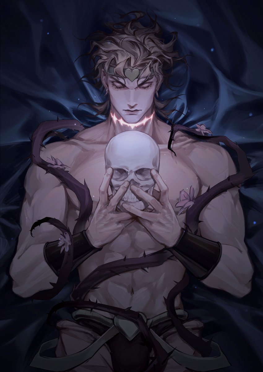 1boy, abs, blonde_hair, bracer, chanasykine, chinese_commentary, closed_mouth, collarbone