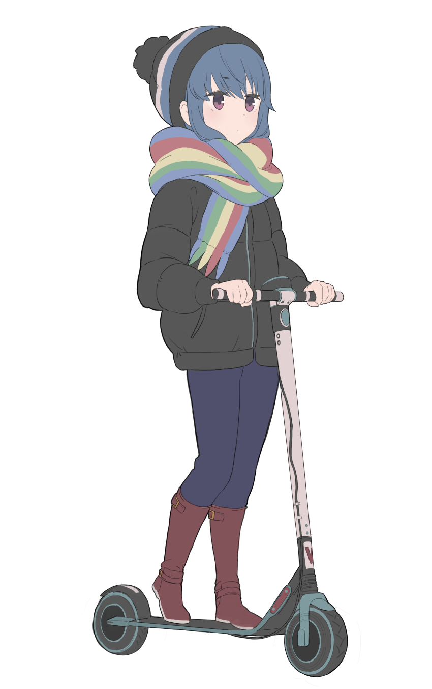 1girl, absurdres, beanie, black_coat, blue_hair, blue_pants, boots, brown_boots, closed_mouth, coat, denim, expressionless, flat_color, full_body, hat, highres, jeans, looking_ahead, medium_hair, moon_(yfsp7823), pants, rainbow_scarf, red_eyes, riding_scooter, scarf, shima_rin, simple_background, solo, standing, unfinished, white_background, winter_clothes, yurucamp