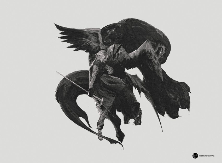 1boy, absurdres, arm_tattoo, bird, bracelet, cane, closed_mouth, devil_may_cry_(series)